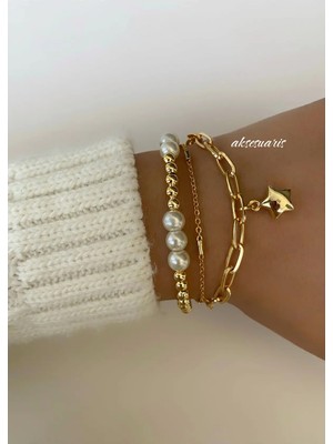 Aksesuaris 3'lü Gold Yıldız Cam Inci Bileklik Set