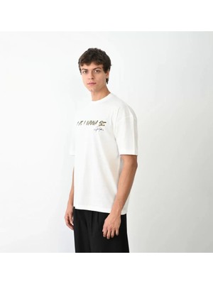 Modi Unisex Bisiklet Yaka Baskılı Oversize T-Shirt - Beyaz