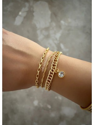 Aksesuaris 3'lü Zirkon Taşlı Kadın Gold Bileklik Set