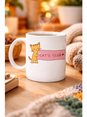 HemenGo BZS7896 Cat’s Club Kedi Desenli Porselen Kupa Model 68 – Sevimli Turuncu Kedi Figürlü, Kahve &