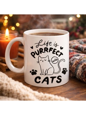 HemenGo BZS7896 Life Is Purrfect With Cats – Kedi Desenli Porselen Kupa Model 62 Sevimli Kedi Figürlü Ka