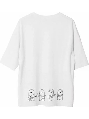 Modi Unisex Bisiklet Yaka Baskılı Oversize T-Shirt - Beyaz