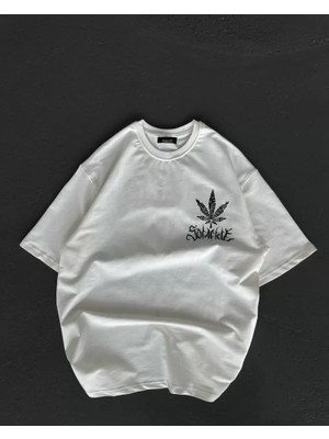 Modi Unisex Bisiklet Yaka Baskılı Oversize T-Shirt - Beyaz