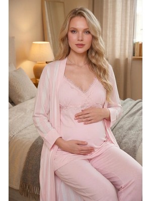 raia  Yeni Sezon Pudra Yazlık Çizgili Uzun Sabahlıklı Askılı %100 Pamuk Dantelli Hamile Lohusa Sabahlık Pijama Takım Seti