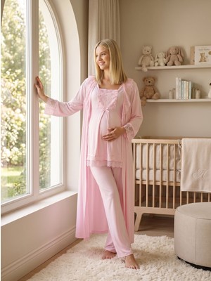 raia  Yeni Sezon Pembe Yazlık Uzun Sabahlıklı Dantel Detaylı Tasarım Düğmeli %100 Pamuk Sabahlık Pijama Takımı Seti