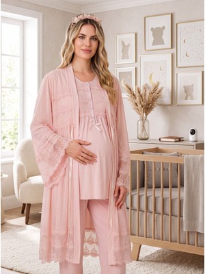 raia  Yeni Sezon Pembe Şık Dantel Detaylı Düğmeli Tasarım Kısa Kollu Hamile Lohusa Sabahlık Pijama Takımı Seti