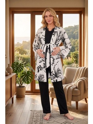 raia  Yeni Sezon Siyah Şık Dantelli Yazlık Desenli Kısa Kol Hamile Lohusa Sabahlık Pijama Takım 3lü Set