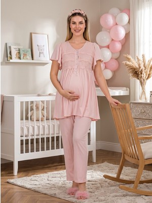raia  Yeni Sezon Pembe Şık Dantel Detaylı Tasarım Kolay Emzirme Özellikli Yazlık Hamile Lohusa Pijama Takımı