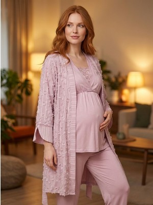 raia  Yeni Sezon Gülkurusu Yazlık Kolay Emzirme Özellikli Tasarım Kısa Kol Dokuma Hamile Lohusa Sabahlık Pijama Takımı 3'lü Set