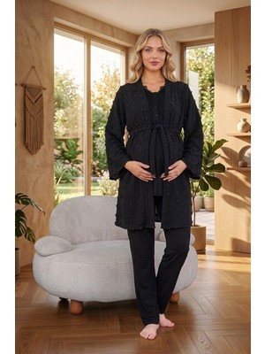 raia  Yeni Sezon Siyah Dantel Detaylı Yazlık Tasarım Kısa Kol Hamile Lohusa Sabahlık Pijama Takım 3'lü Set