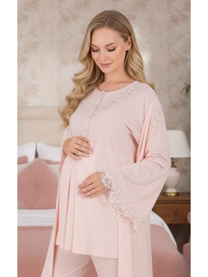 raia  Yeni Sezon Pudra Emzirme Özellikli Ispanyol Kol Tasarım Hamile Lohusa Sabahlık Pijama Takımı 3'lü Set