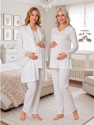 raia  Kadife Ekru Dantelli Özel Tasarım Kışlık Hamile Lohusa Sabahlık Pijama Takımı Seti