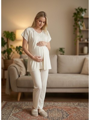 raia  Yeni Sezon Ekru Dantel Işlemeli Düğmeli Yazlık Kısa Kollu Lohusa Hamile Pijama Takımı
