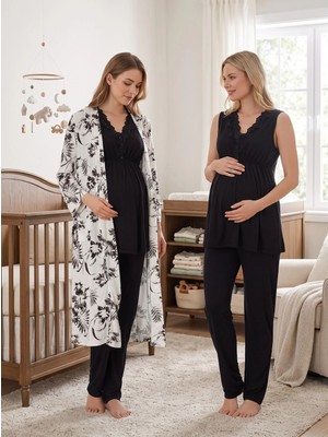 raia  Kadın Siyah Dantelli Özel Tasarım Pamuk Penye Hamile Lohusa Sabahlık Pijama Takımı Set