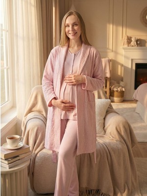 raia  Yeni Sezon Pudra Jakarlı Kısa Kol Şal Yaka Tasarım Yazlık Hamile Sabahlık Pijama Takım Seti