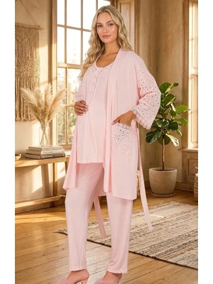 raia  Yeni Sezon Pudra Kısa Kol Fisto Keten Detaylı Tasarım Yazlık Hamile Lohusa Sabahlık Pijama Takım Set
