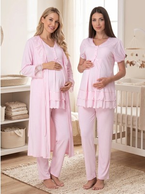 raia  Pembe Kısa Kollu Lohusa Hamile Sabahlıklı Pijama Takımı