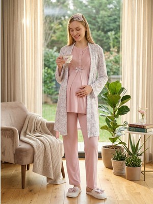 raia  Yeni Sezon Pudra Yazlık Desenli Şal Yaka Kısa Kol Düğmeli Hamile Lohusa Sabahlık Pijama Takım Seti