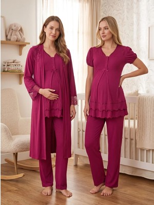 raia  Fuşya Kısa Kollu Lohusa Hamile Sabahlıklı Pijama Takımı