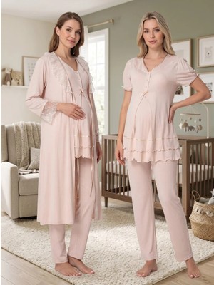 raia  Bej Kısa Kollu Lohusa Hamile Sabahlıklı Pijama Takımı