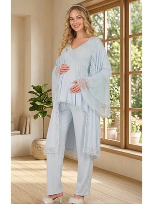 raia  Yeni Sezon Mavi Hamile Şık Dantel Detaylı Emzirme Özellik Tasarım Yazlık Sabahlık Pijama Takım Seti