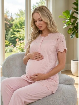 raia  Yeni Sezon Pudra Keten Fistolu Yazlık %100 Pamuk Kısa Kollu Tasarım Hamile Lohusa Pijama Takımı