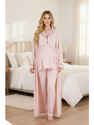 raia  Yeni Sezon Pembe Biyeli Emzirme Özellikli Uzun Kol Hamile Lohusa Uzun Sabahlık Pijama Takımı 3'lü Set