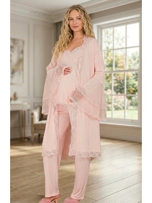 raia  Yeni Sezon Pudra Hamile Şık Dantel Detaylı Emzirme Özellik Uzun Kol Sabahlık Pijama Takım 3'lü Set