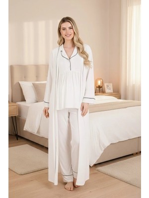 raia  Yeni Sezon Ekru Biyeli Emzirme Özellikli Uzun Kol Hamile Lohusa Uzun Sabahlık Pijama Takımı 3'lü Set