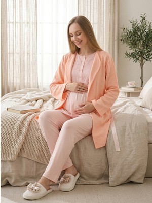 raia  Yeni Sezon Somon Şal Yaka Şık Dantelli Yazlık Düğmeli Kısa Kol Hamile Lohusa Sabahlık Pijama Takım Set