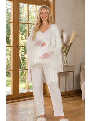 raia  Yeni Sezon Ekru Hamile Şık Dantel Detaylı Emzirme Özellik Uzun Kol Sabahlık Pijama Takım 3'lü Set