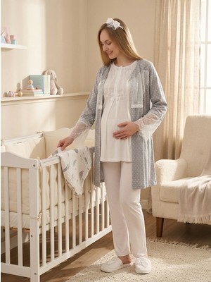 raia  Yeni Sezon Gri Ekru Yazlık Dantelli Puantiyeli Kısa Kol Düğmeli Hamile Sabahlık Pijama Takım Seti