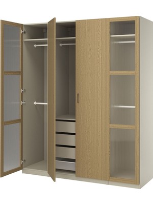 Hobiurun Pax Gardırop, Gri-Bej-Meşe Kaplama Cam, 200X60X236 cm