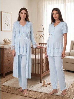 raia  Mavi Kısa Kollu Lohusa Hamile Sabahlıklı Pijama Takımı