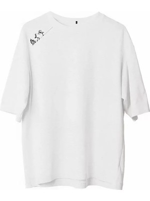 Modi Unisex Bisiklet Yaka Baskılı Oversize T-Shirt - Beyaz