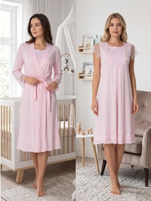raia  Pembe Midi Dantelli Lohusa Hamile Gecelik Sabahlık Takım