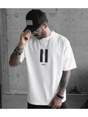 Modi Unisex Bisiklet Yaka Baskılı Oversize T-Shirt - Beyaz