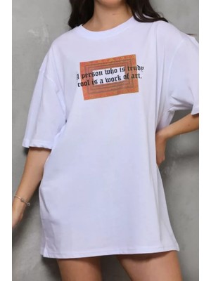 Modi Unisex Bisiklet Yaka Baskılı Oversize T-Shirt - Beyaz