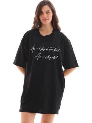 Modi Unisex Bisiklet Yaka Baskılı Oversize T-Shirt - Siyah