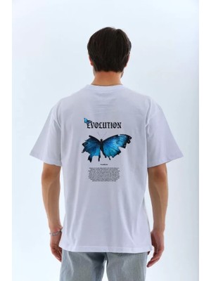 Modi Unisex Bisiklet Yaka Baskılı Oversize T-Shirt - Beyaz