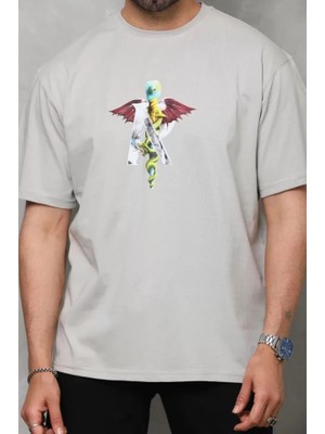 Modi Unisex Bisiklet Yaka Baskılı Oversize T-Shirt - Gri