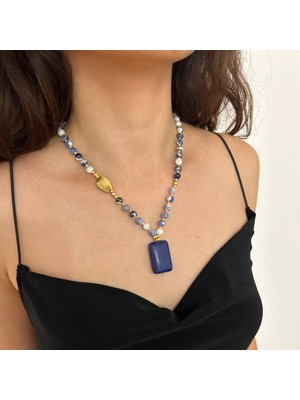 Suerte Accessories El Yapımı Sodalit Doğal Taş Altın Aksesuar Lapis Lazuli Doğaltaş Uçlu Özel Tasarım Kadın Kolye