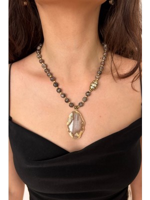 Suerte Accessories Özel Tasarım Akik Doğal Taş Akik Doğaltaş Uçlu El Yapımı Kadın Kolye
