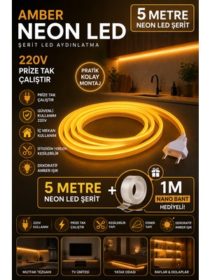 Tenk Neon Amber Renk 220V Tak&çalıştır Mutfak Tezgah Üstü Yatak Odası Tv Arkası LED Işık