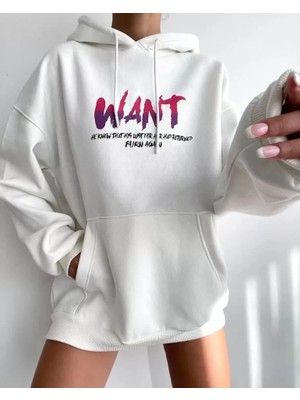Modi Baskılı Üç Iplik Kapüşonlu Oversize Sweatshirt - Beyaz