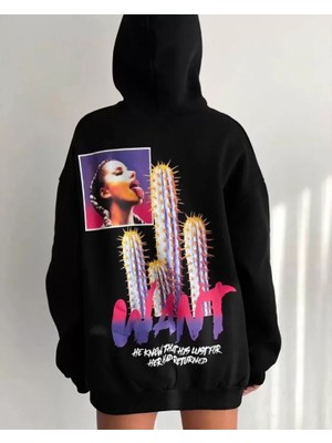 Modi Baskılı Üç Iplik Kapüşonlu Oversize Sweatshirt - Siyah