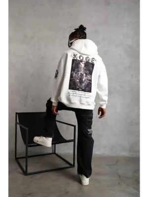 Modi Unisex Sırt Baskılı Kapüşonlu Üç Iplik Oversize Sweatshirt - Beyaz