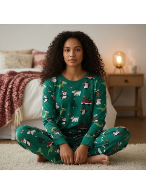 %100 Pamuk Yeşil Uzun Kollu Yılbaşı Temalı Pijama Takımı