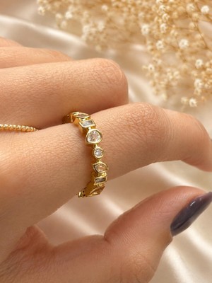 Nunu Takı Taşlı Damla Gold Yüzük