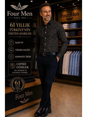 Eren Style Orjinal Baskılı Pamuklu Poplin Slim Fit Kalıp Uzun Kollu Cepsiz Erkek Gömlek